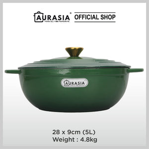 Aurasia Enamelled Cast Iron 28cm Deep Wokpan - Forest Green