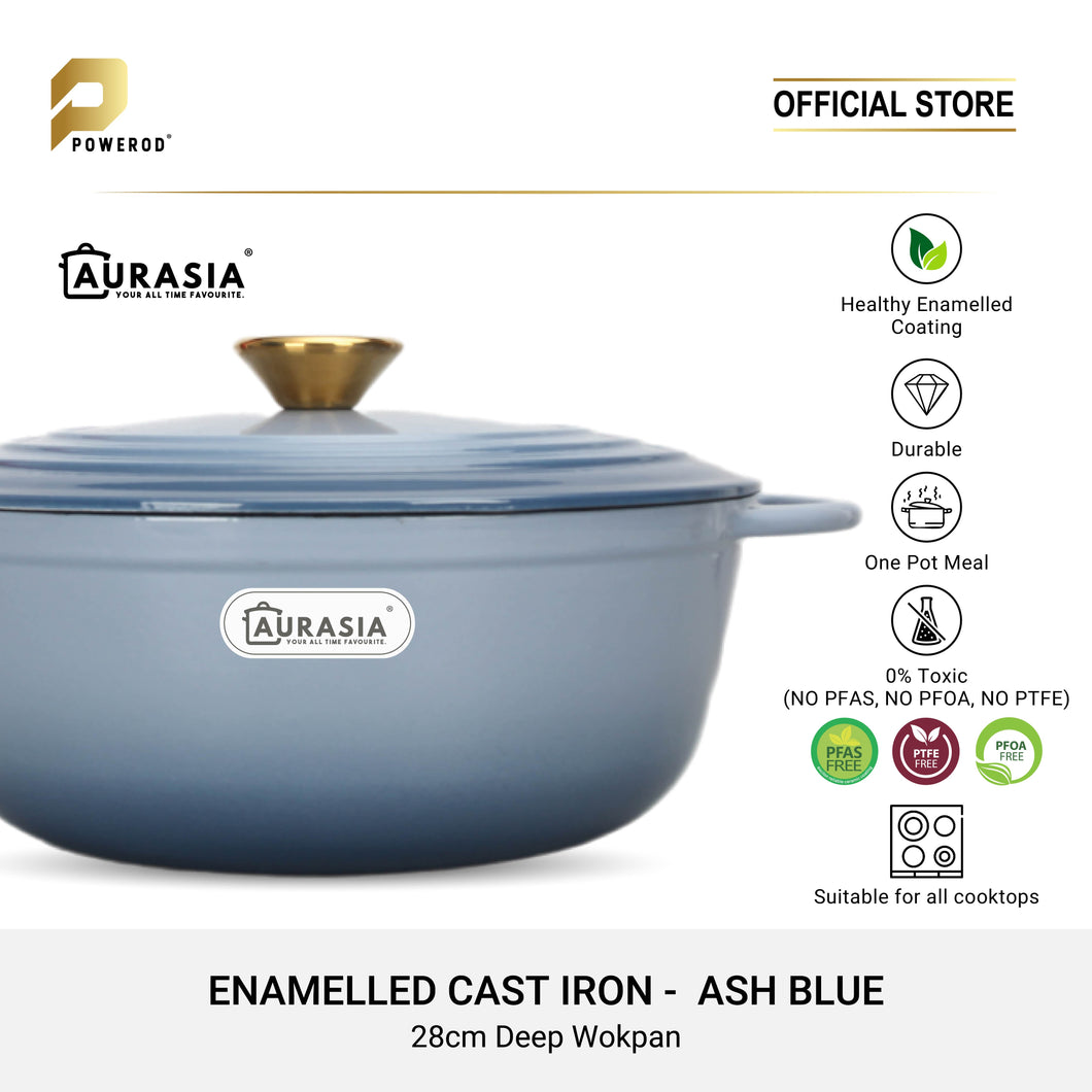 Aurasia Enamelled Cast Iron 28cm Deep Wokpan - Ash Blue