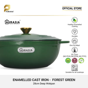 Aurasia Enamelled Cast Iron 28cm Deep Wokpan - Forest Green