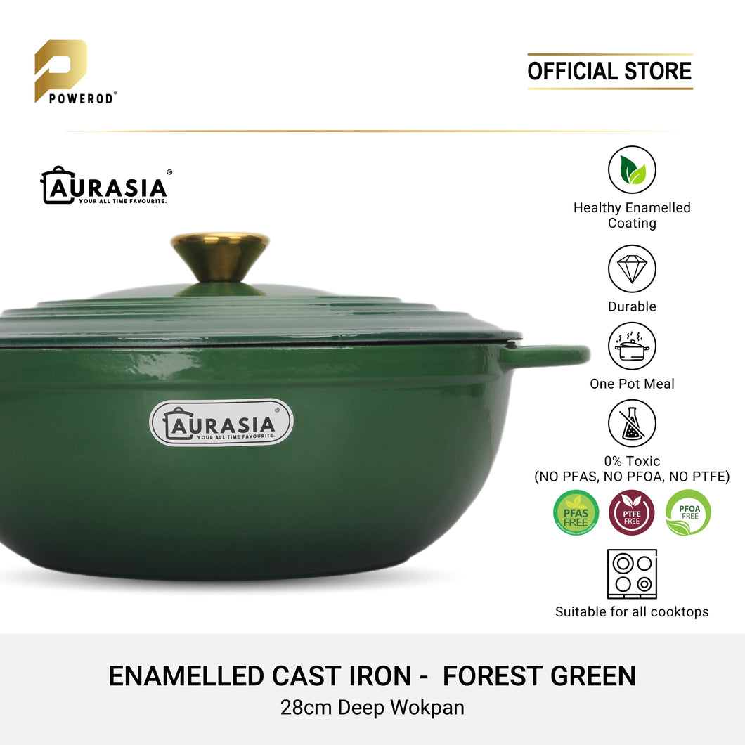 Aurasia Enamelled Cast Iron 28cm Deep Wokpan - Forest Green