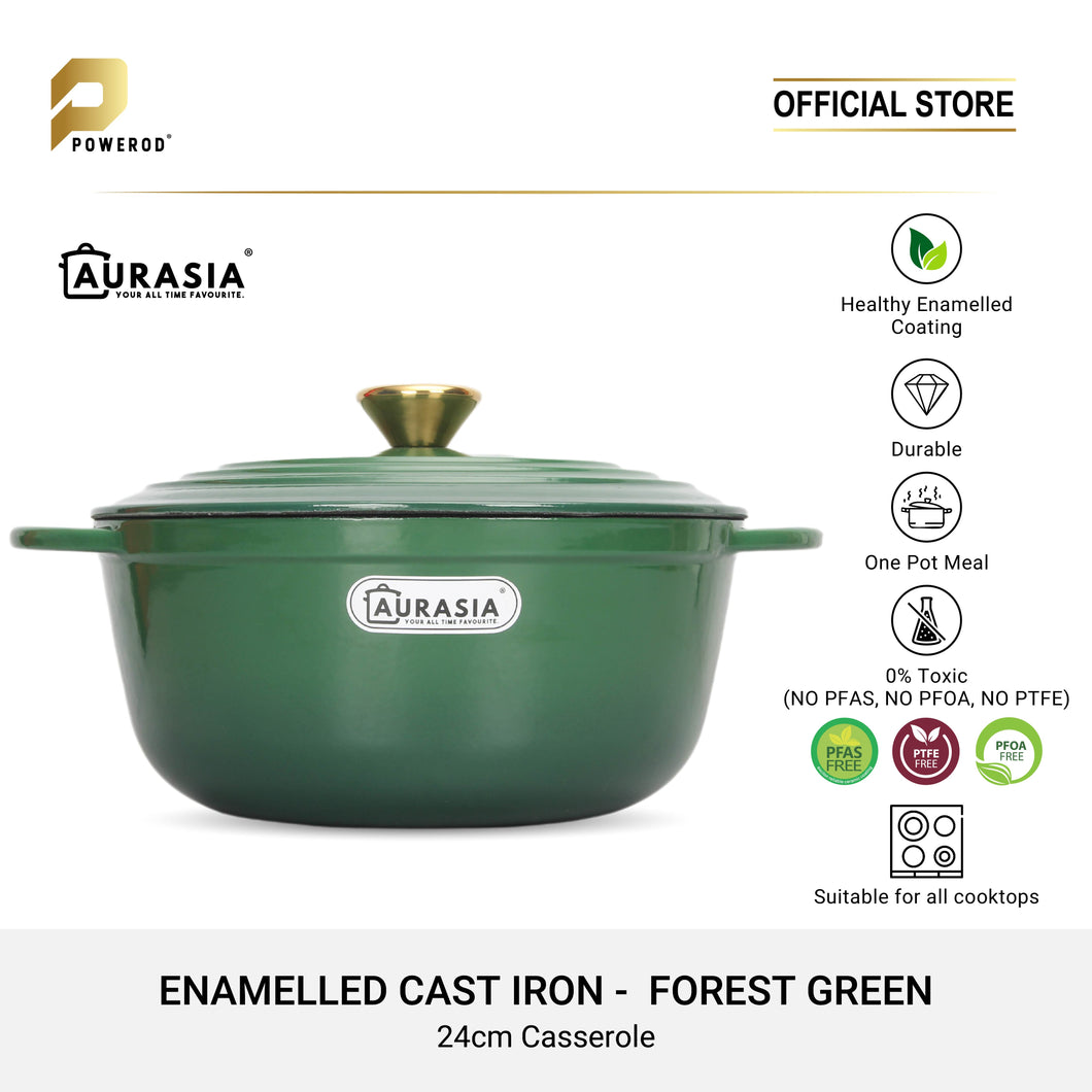 Aurasia Enamelled Cast Iron 24cm Casserole / Pot - Forest Green