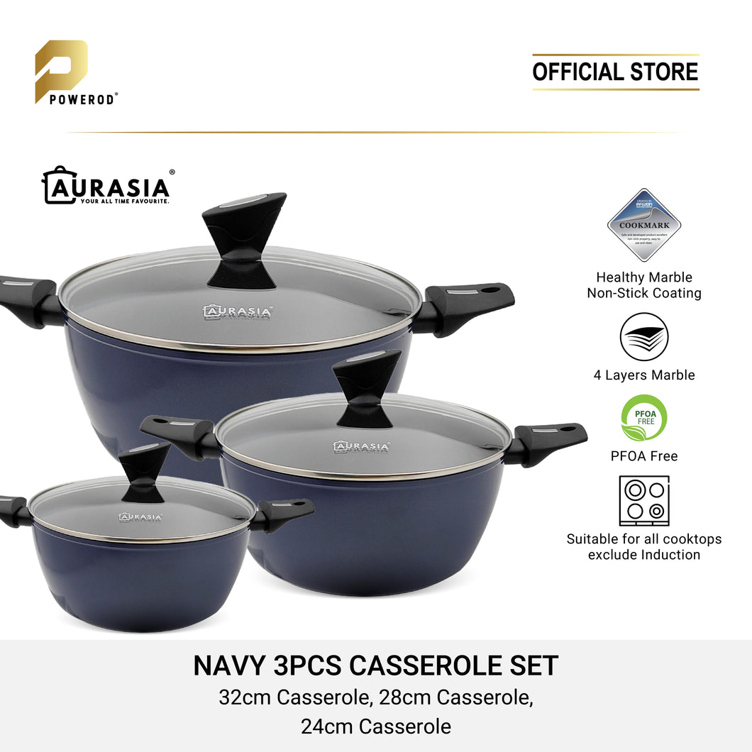 Aurasia Navy 3pcs Non-stick Casserole set