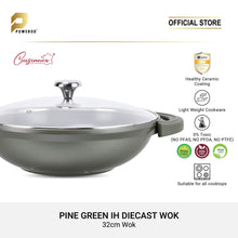 Load image into Gallery viewer, Cuisineur Pine Green IH 32cm Die-Cast Wok with Tempered glass lid (KUALI 32cm) non-stick
