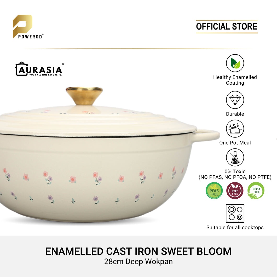 Aurasia Enamelled Cast Iron 28cm Deep Wokpan - Sweet Bloom (Cream)