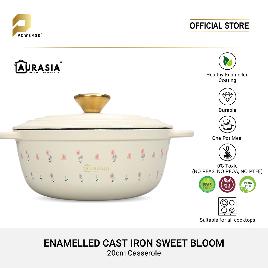 Aurasia Enamelled Cast Iron 20cm Casserole / Pot - Sweet Bloom (Cream)