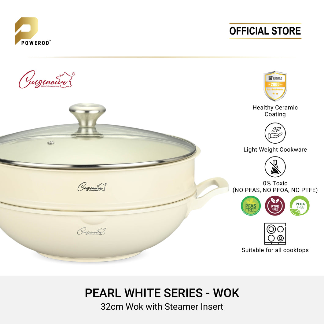 Cuisineur Pearl White IH 32cm Wok (Ceramic Non-stick coating) + Steamer rack