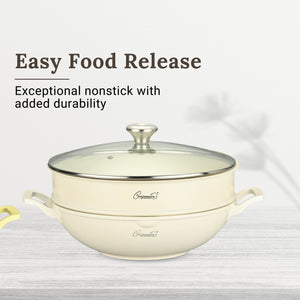 Cuisineur Pearl Yellow IH 32cm Wok (Ceramic Non-stick coating) + Steamer rack / Kuali Anti-Lekat