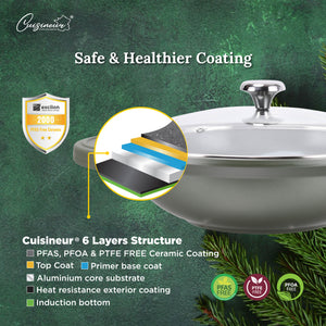 Cuisineur Pine Green IH 32cm Die-Cast Wok with Tempered glass lid (KUALI 32cm) non-stick