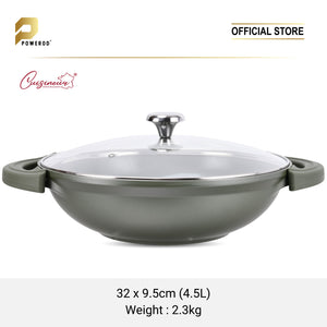 Cuisineur Pine Green IH 32cm Die-Cast Wok with Tempered glass lid (KUALI 32cm) non-stick