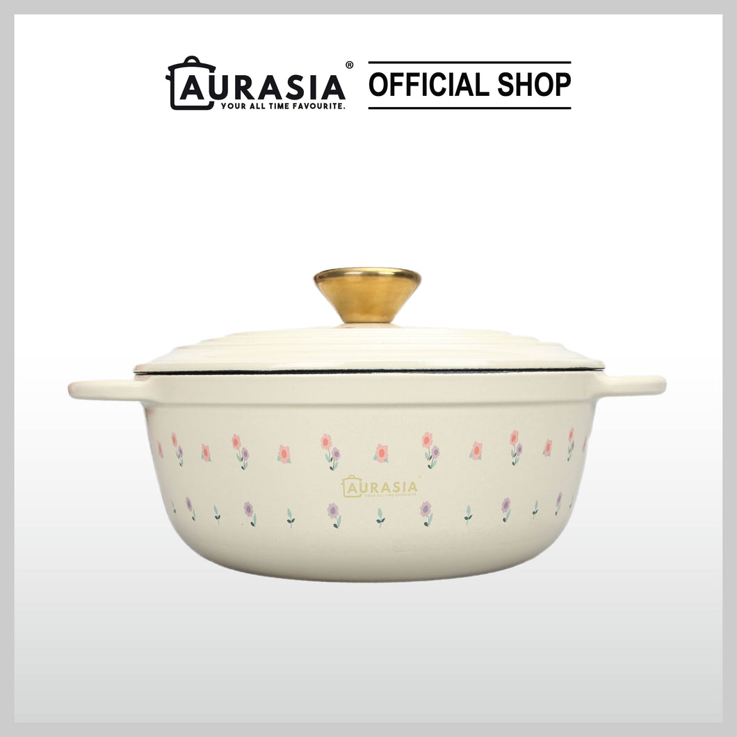 Aurasia Enamelled Cast Iron 20cm Casserole / Pot - Sweet Bloom (Cream)