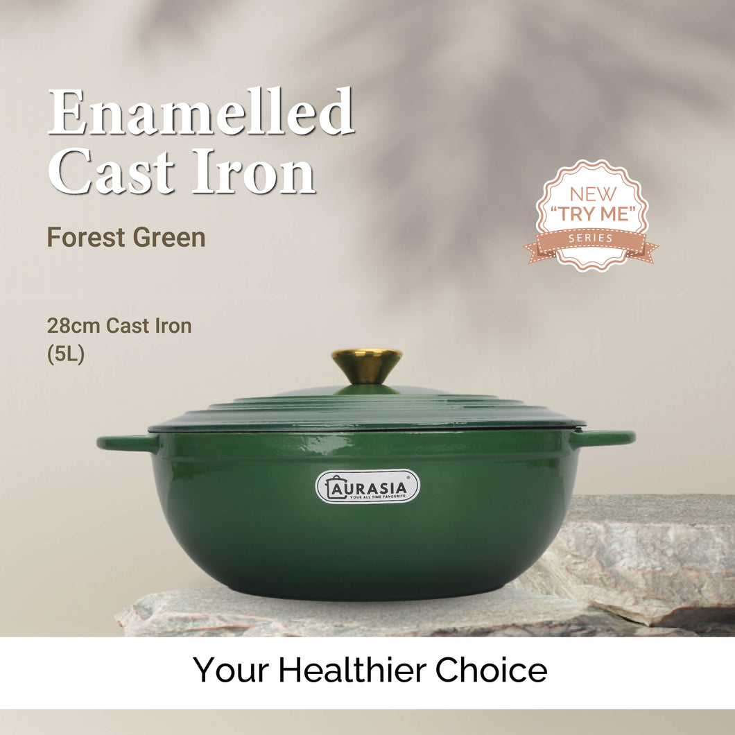 Aurasia Enamelled Cast Iron 28cm Deep Wokpan - Forest Green